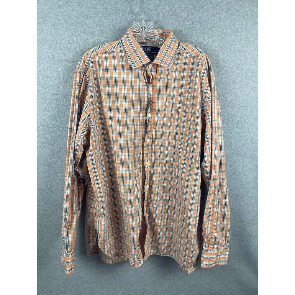 Polo Ralph Lauren Button Up Shirt Men's 17.5 Neck Long Sleeve Orange Plaid Italy